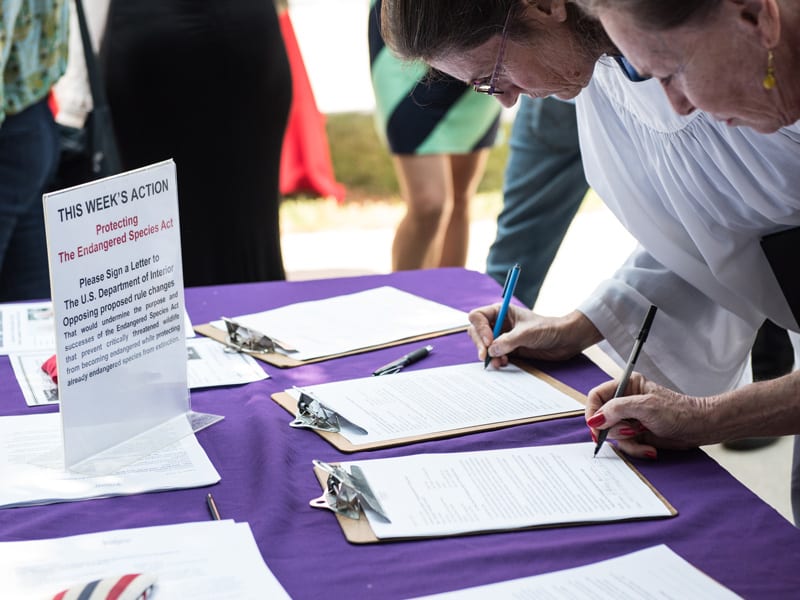 two women sign petitions on the purple Action table after church